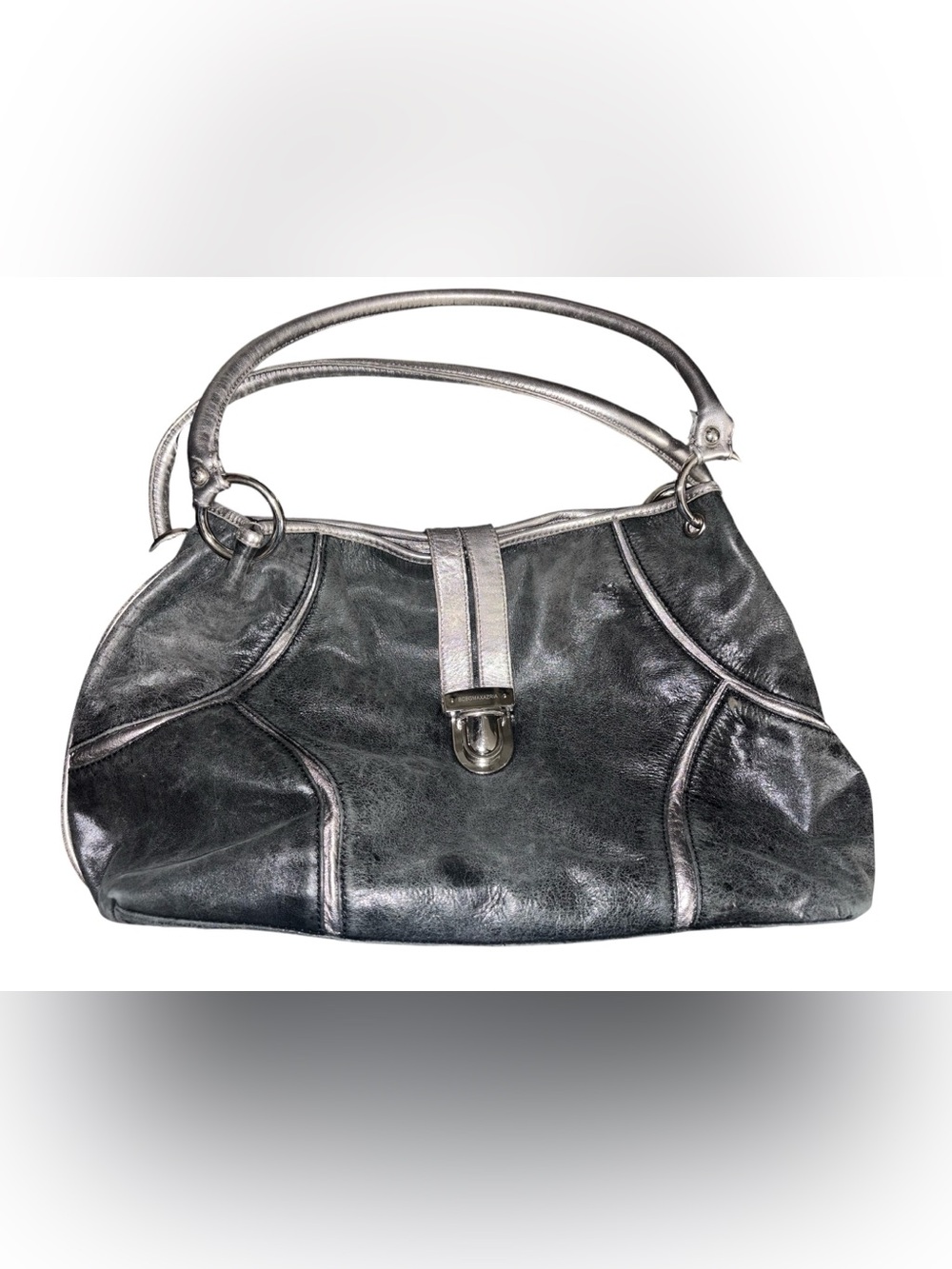BCBG Maxazria Black/Silver Leather Large Hobo Shoulder Bag 17x10x5